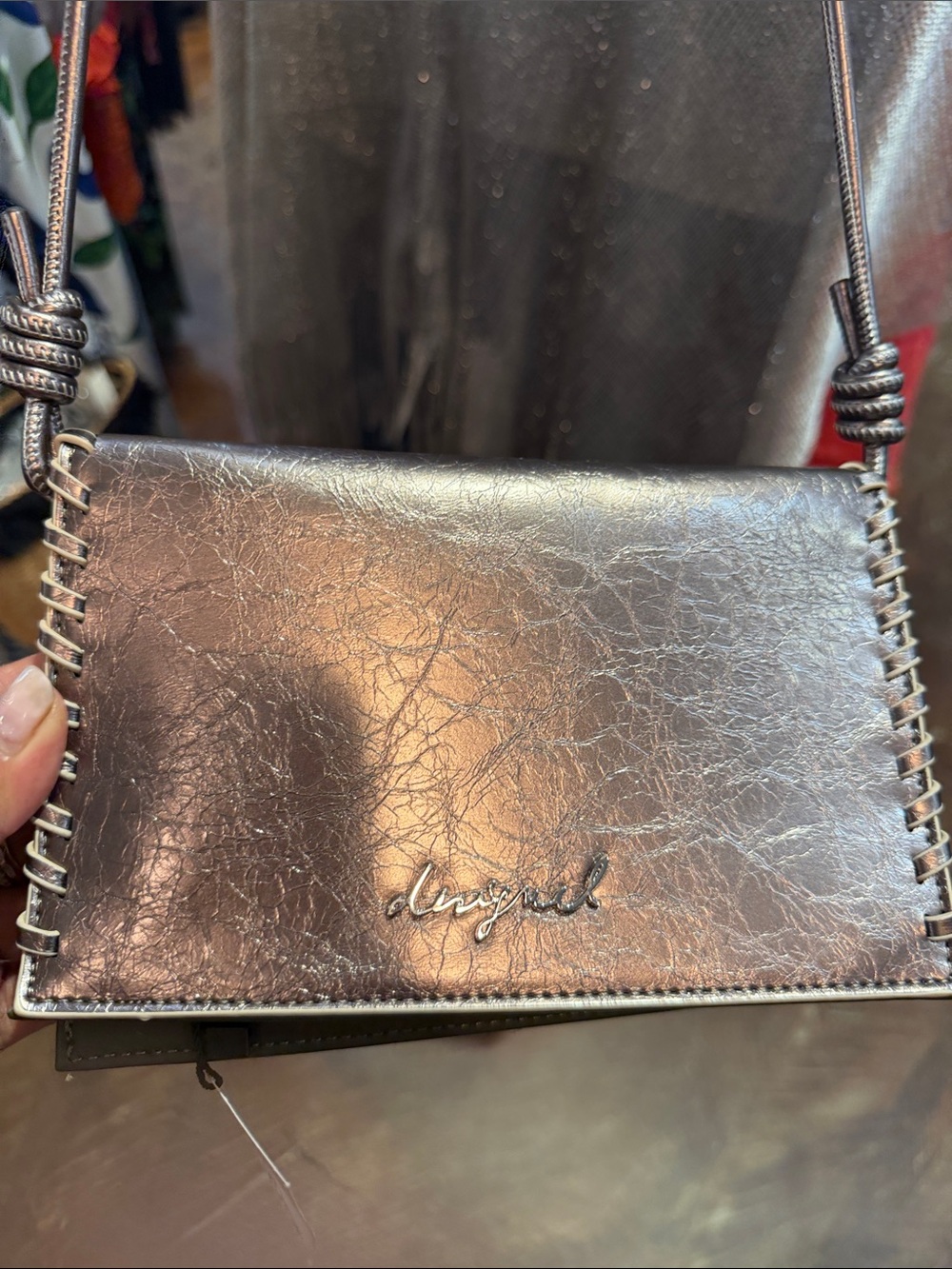 Desigual Metallic Bronze Crossbody with Whipstitch Trim